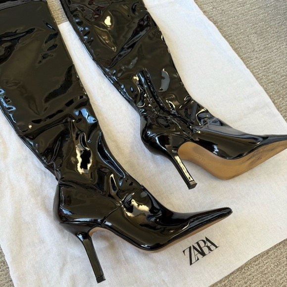 Zara Black Patent Over-the-Knee Stiletto Boots. Retail: $199. US 7.5, EU 38 size - Picture 3 of 16